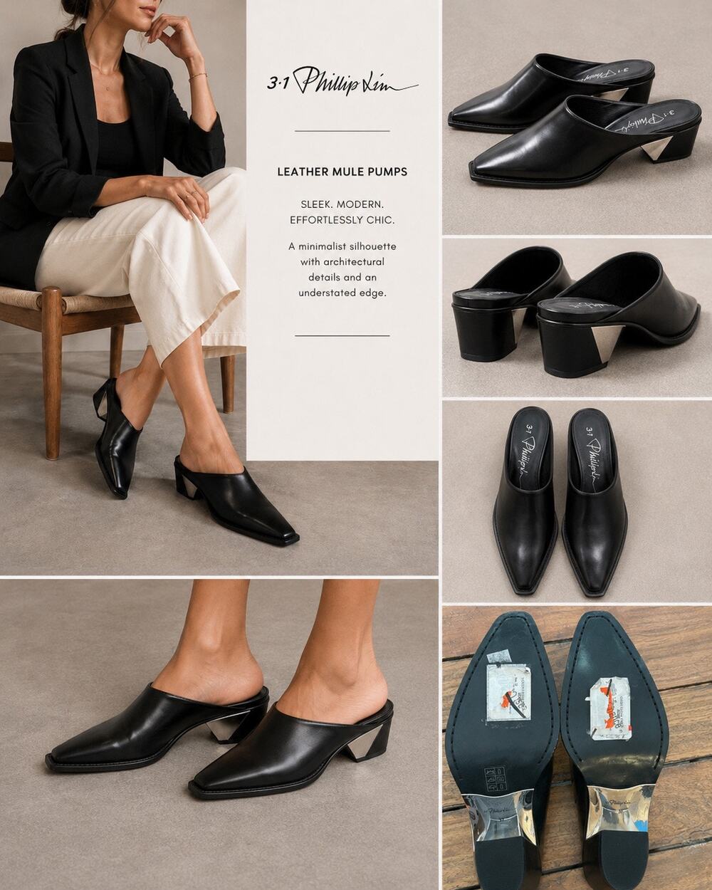 3.1 Phillip Lim Black Leather Pointed Toe Shoes EU37 Block Heel MSRP $650!